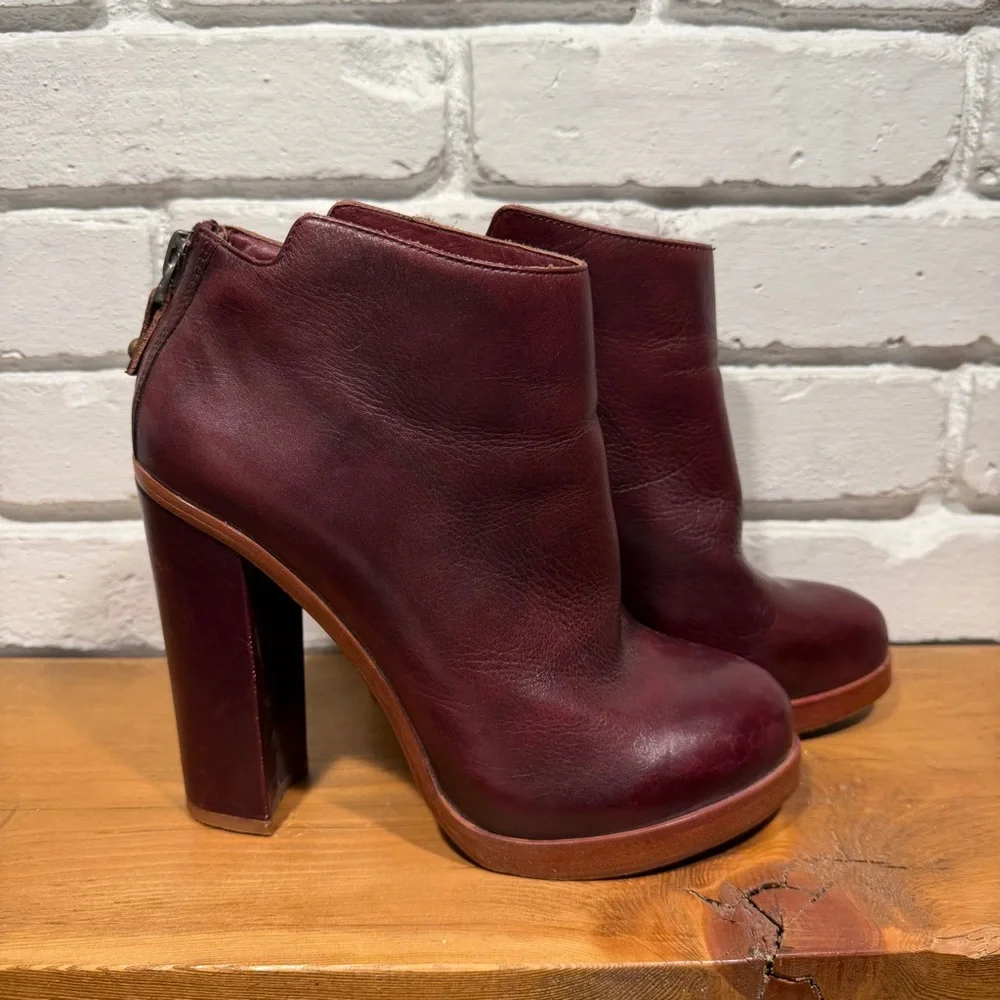 Dolce Vita Burgundy Leather Ankle Boots Chunky 70s Platform Block Heel Size 9.5
